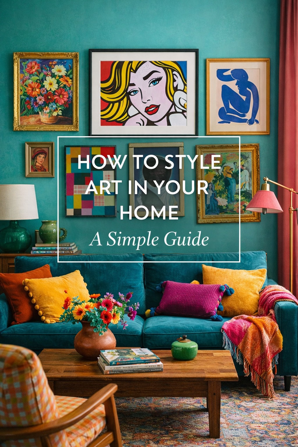 cover photo for a blog post on how to style art in your home. the image depicts bright modern art placed in a gallery wall layout.