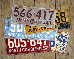 painting depicting 5 different vintage license plates from North Carolina, created by Charles Robinson.