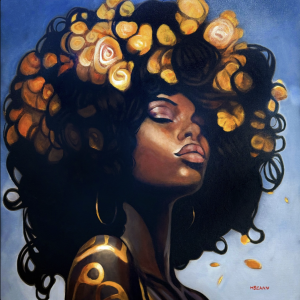 Portrait painting of a black woman with golden flowers in her hair.