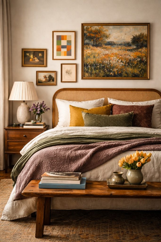 picture showing a bedroom with a gallery wall hung over the headboard