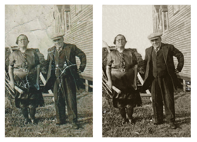 before and after image of photo restoration of a couple from the 1950s.