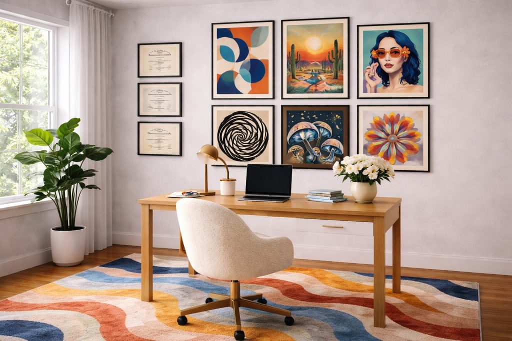 picture shows a home office in a midcentury modern decor with modern art grouped on the wall in a gallery arrangement