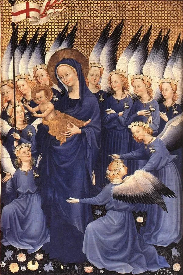 detail from the Wilton Diptych, circa 1395, showing the use of ultramarine blue pigment in painting