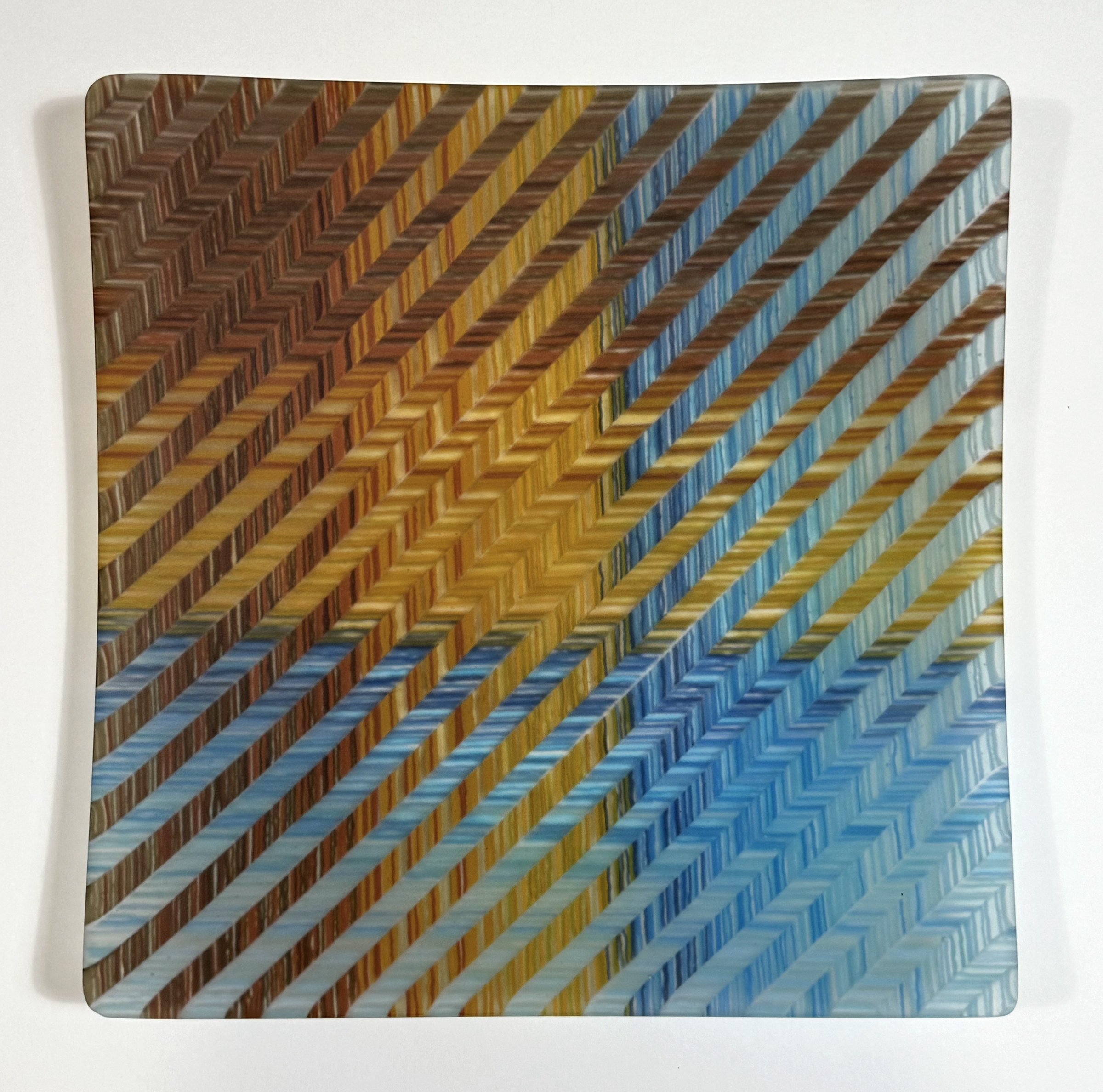 Fused glass plate in Plaid Weave in Blue, Brown & Gold by Diane Willkens
