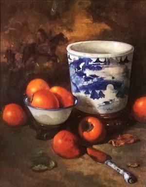 Glenna Kurz - "Persimmons with Warrior Screen" oil painting (SOLD)